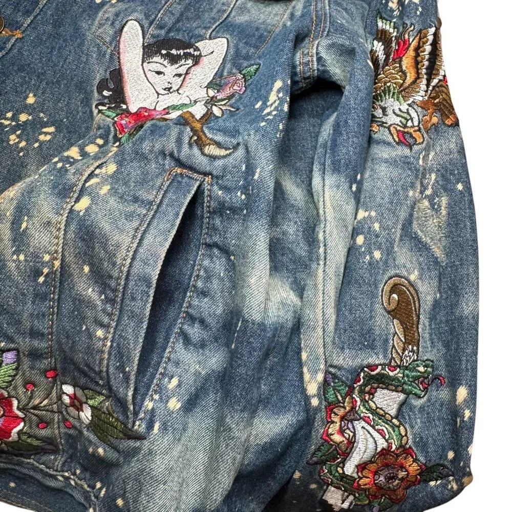 Reason Denim Sherpa Trucker Jacket Death Before Dishonor Embroidered Tattoo sz L